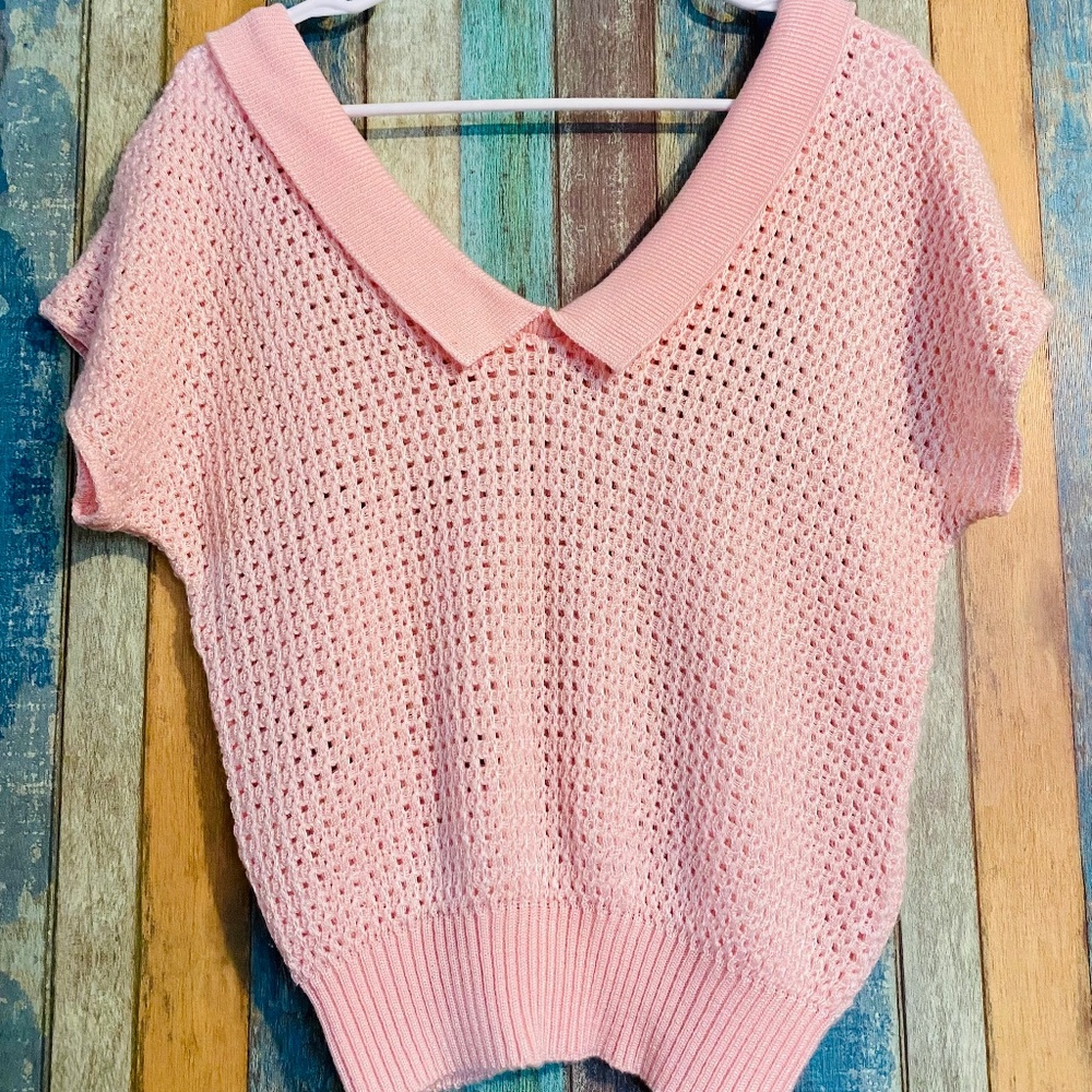 Vintage 90s Pink Crochet V Neck Top